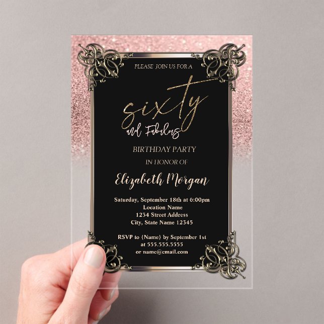 Rose Gold Glitter Ombre Border 60th Birthday Party Acrylic Invitations (Insitu (Handheld))