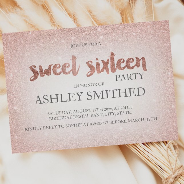 Rose gold glitter ombre chic modern Sweet 16 Invitation (Creator Uploaded)
