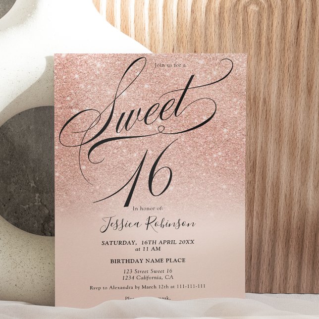 Rose gold glitter ombre chic script pink Sweet 16 Invitation (Creator Uploaded)