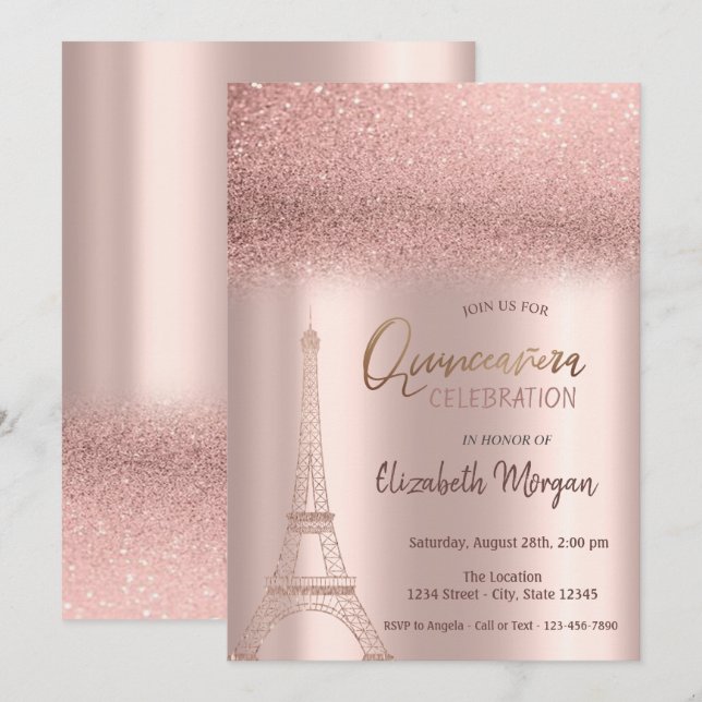 Rose Gold Glitter Ombre, Eiffel Tower Quinceanera  Invitation (Front/Back)