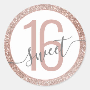 Rose Gold Glitter Ombre Grey Birthday Sweet 16 Classic Round Sticker