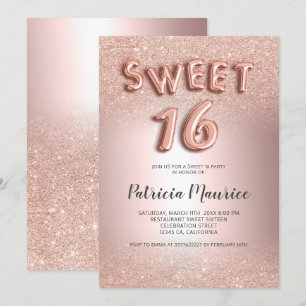 Rose gold glitter ombre letters metallic sweet 16 invitation