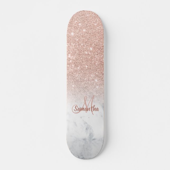 Rose gold glitter ombre marble chic add your name skateboard (Front)