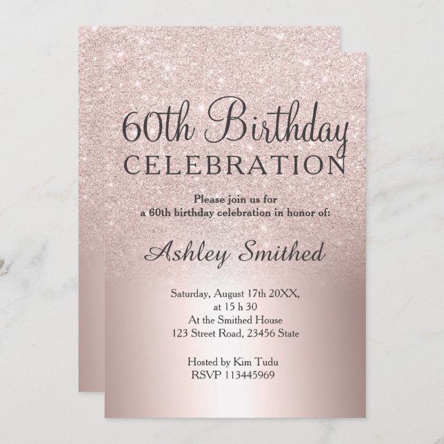 Rose gold glitter ombre metallic 60th birthday invitation (Front/Back)