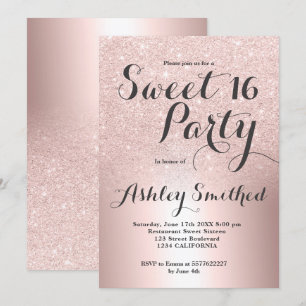 Rose gold glitter ombre metallic foil Sweet 16 Invitation