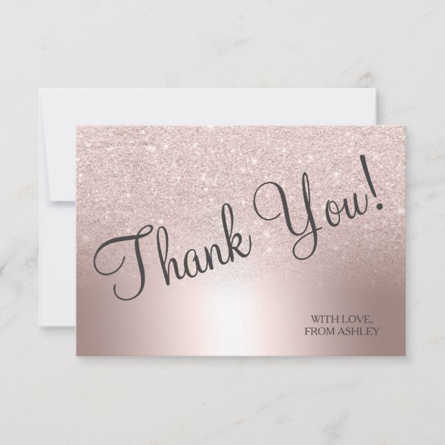 Rose gold glitter ombre metallic foil thank you card (Front)