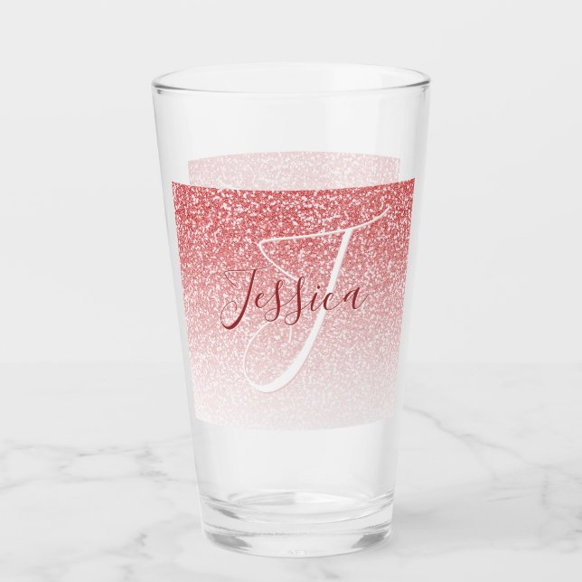 Rose Gold Glitter Ombre Modern Monogram Glass (Front)