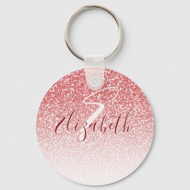 Rose Gold Glitter Ombre Modern Monogram Keychain (Front)