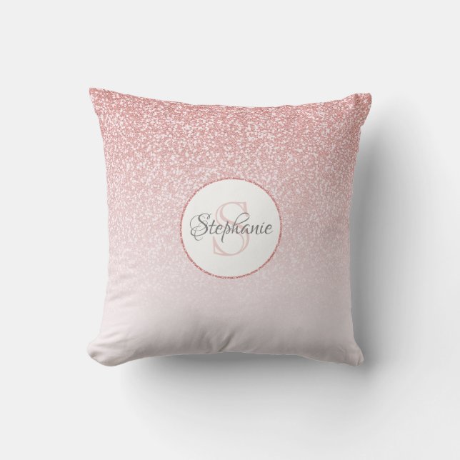 Rose Gold Glitter Ombre Monogrammed Throw Pillow (Front)