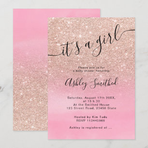 Rose gold glitter ombre pink script baby shower invitation