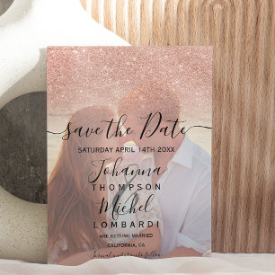 Rose gold glitter ombre script photo save the date announcement postcard