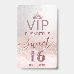 Rose gold glitter ombre script Sweet 16 VIP  Badge