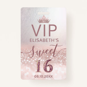 Rose gold glitter ombre script Sweet 16 VIP  Badge