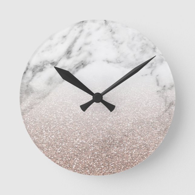 Rose gold glitter on marble round clock (Front)