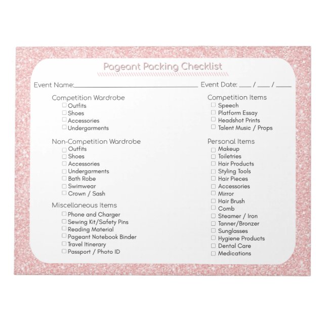 Rose Gold Glitter Pageant Packing Checklist Notepad (Front)