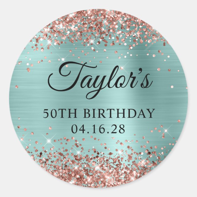 Rose Gold Glitter Pale Turquoise 50th Birthday Classic Round Sticker (Front)