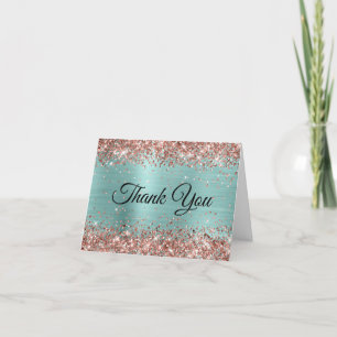 Rose Gold Glitter Pale Turquoise Foil Thank You Card