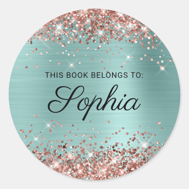 Rose Gold Glitter Pale Turquoise Girly Book Classic Round Sticker (Front)