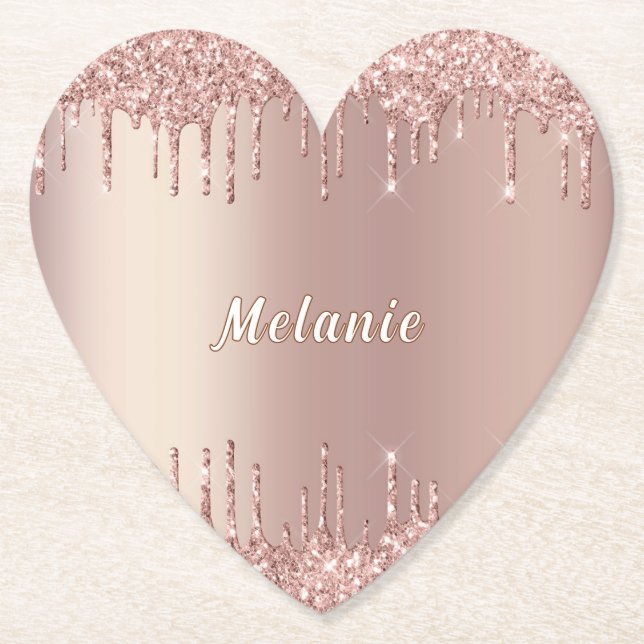 Rose Gold Glitter Paper Coaster with Custom Name (Front)