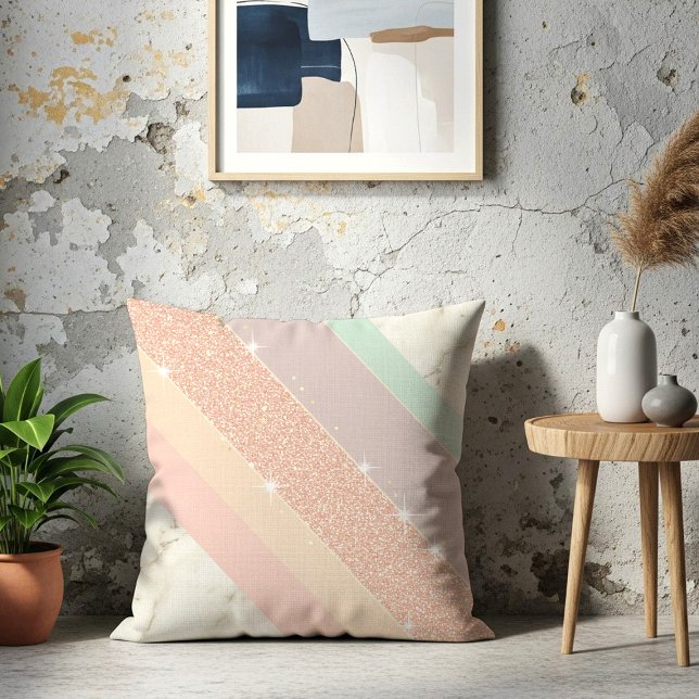 Rose Gold Glitter Pastel Marble Diagonal Stripes Throw Pillow (Creator Uploaded)