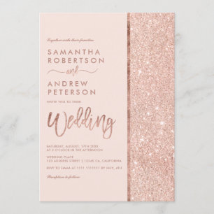 Rose gold glitter pastel pink colour block wedding invitation
