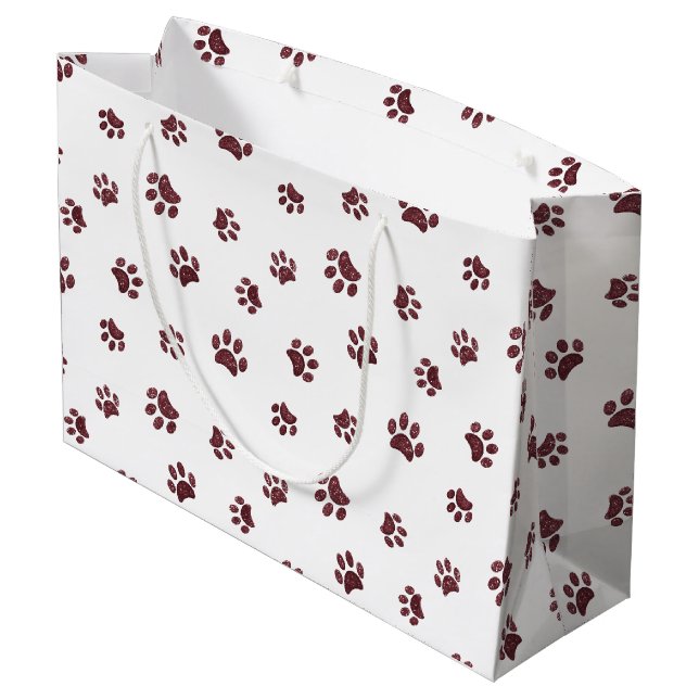 Rose Gold Glitter Paw Prints Pattern Large Gift Bag (Back Angled)