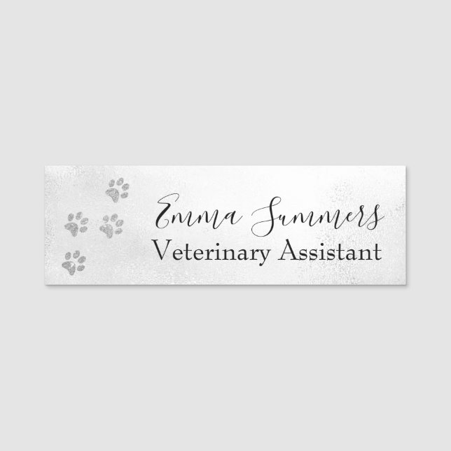 Rose Gold Glitter Paw Veterinary Business  Name Tag (Front)