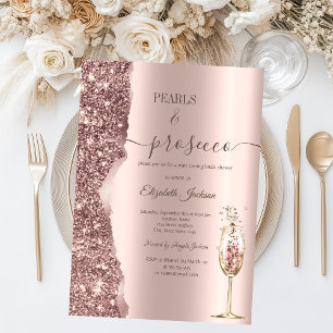Rose Gold Glitter Pearls & Prosecco Bridal Shower Invitation