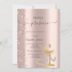 Rose Gold Glitter Pearls Wine Glass Bridal Shower  Invitation