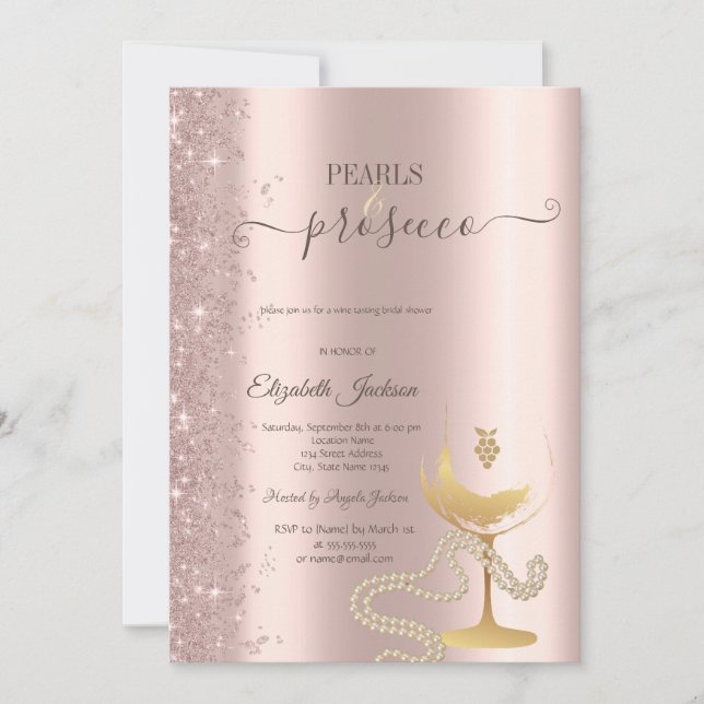 Rose Gold Glitter Pearls Wine Glass Bridal Shower  Invitation (Front)