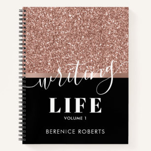 Rose Gold Glitter Personalized Black Writers Notebook