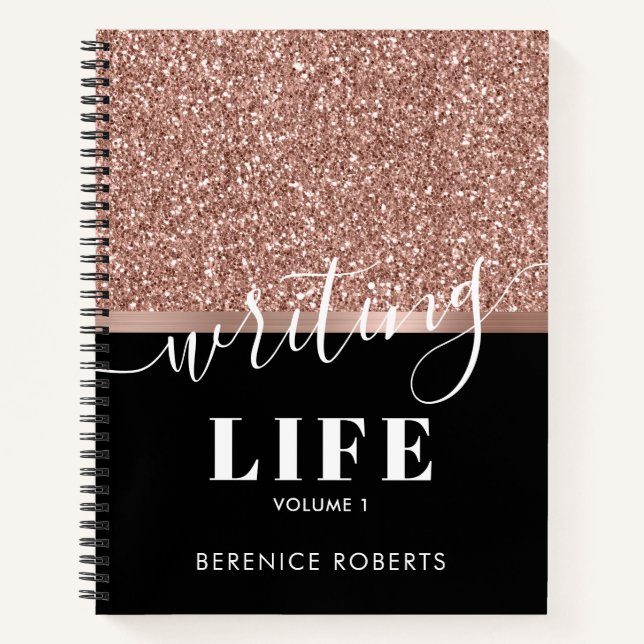 Rose Gold Glitter Personalized Black Writers Notebook (Front)