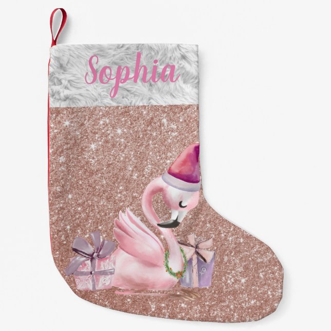 Rose Gold Glitter  Personalized Flamingo Holiday Small Christmas Stocking (Front)