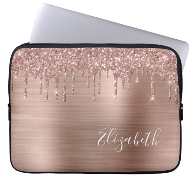 Rose Gold Glitter Personalized Laptop Sleeve (Front)