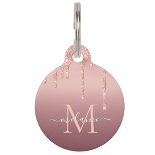 Rose Gold Glitter Pet ID Tag Custom Name Letter