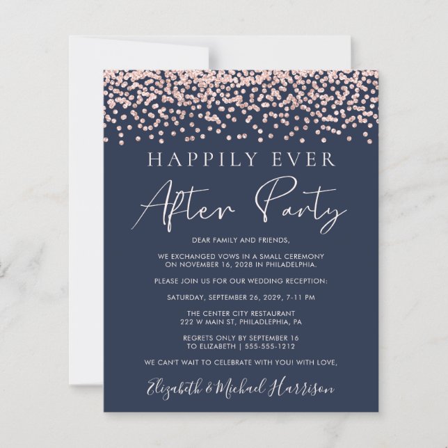 Rose Gold Glitter Photo Blue Reception Invite (Front)