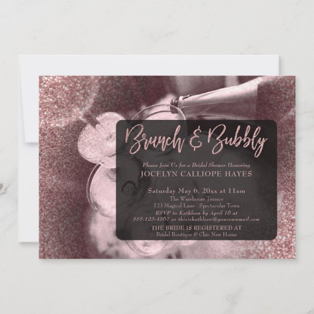Rose Gold Glitter Photo Brunch & Bubbly Script Invitation (Front)