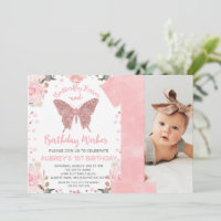 Rose Gold Glitter Photo Butterfly First Birthday