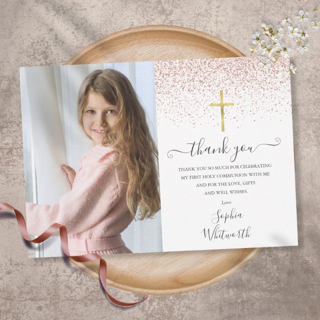 Rose Gold Glitter Photo First Holy Communion Thank You Card (Creator Uploaded)