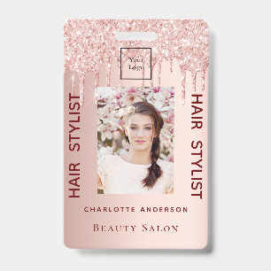 Rose gold glitter photo hair stylist beauty salon badge