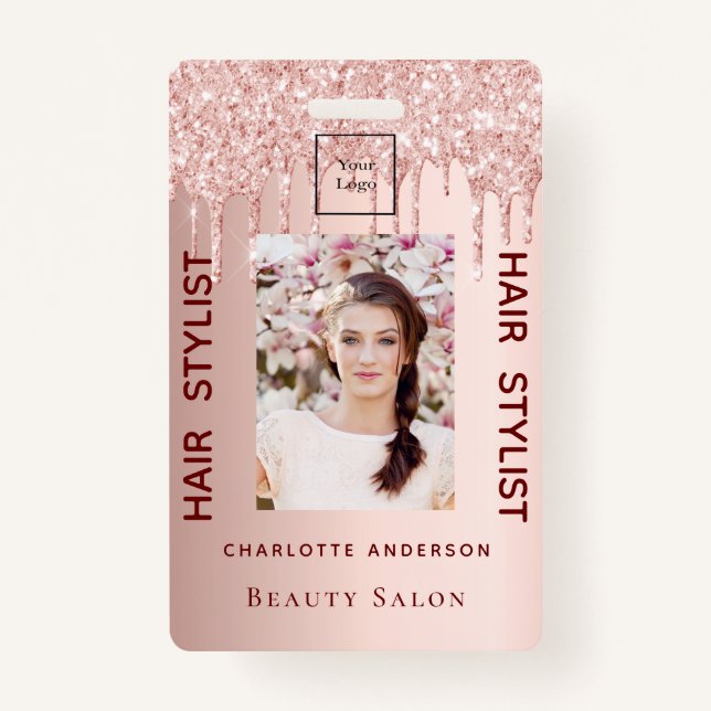Rose gold glitter photo hair stylist beauty salon badge (Front)