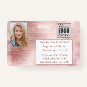 Rose Gold Glitter Photo Logo Employee ID Badge