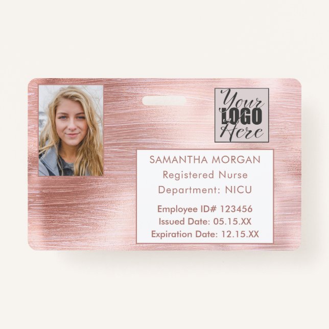 Rose Gold Glitter Photo Logo Employee ID Badge (Front)