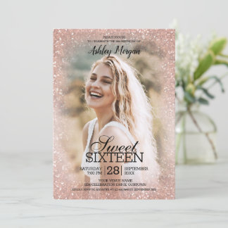 Rose Gold Glitter Photo Template Sweet 16 Party