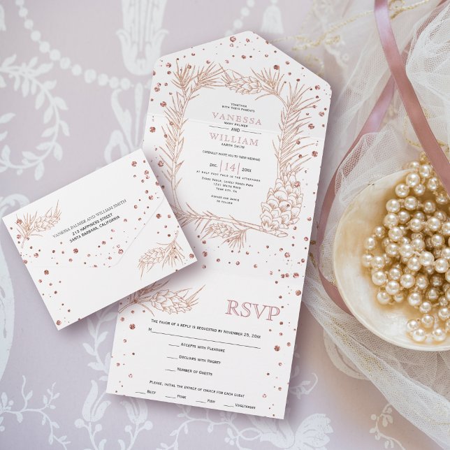 Rose gold glitter pine and confetti winter wedding all in one invitation (Creator Uploaded)