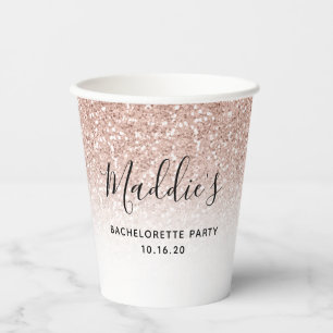 Rose Gold Glitter Pink Bachelorette Custom Name Paper Cups