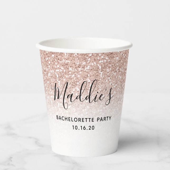 Rose Gold Glitter Pink Bachelorette Custom Name Paper Cups (Front)