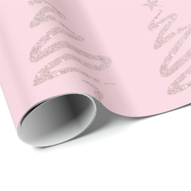 Rose Gold Glitter & Pink Christmas Tree Pattern Wrapping Paper (Roll Corner)