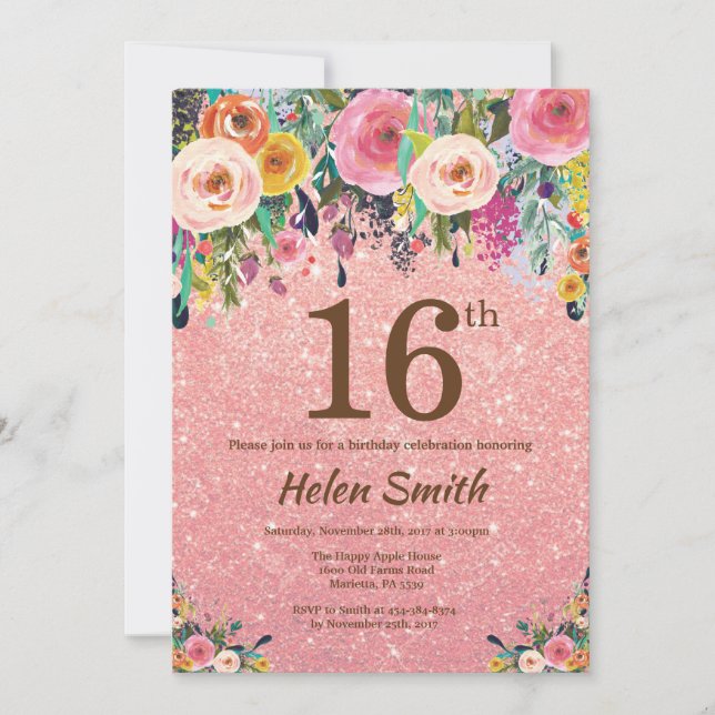 Rose Gold Glitter Pink Floral 16th Birthday Invitation (Front)