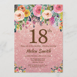 Rose Gold Glitter Pink Floral 18th Birthday Invitation